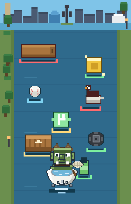 Troll Patrol gameplay: the troll steering a bathtub down the Arkansas past trash and a goose